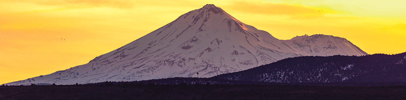 Driving along the Volcanic Legacy Scenic Byway, with Mt. Shasta looming in the dusk.
